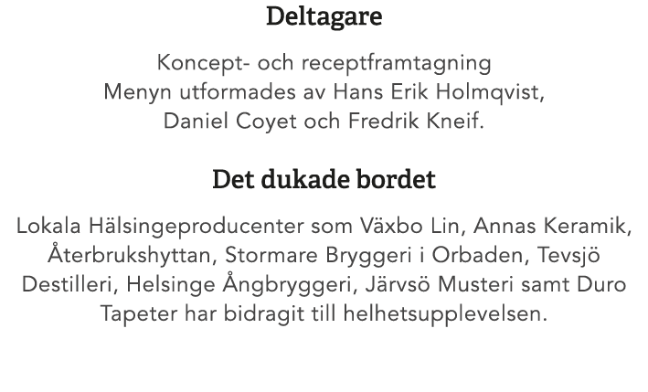 Deltagare Koncept och receptframtagning Menyn utformades av Hans Erik Holmqvist, Daniel Coyet och Fredrik Kneif. Det ...